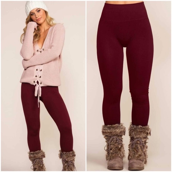 HIGH WAIST FLEECE LINED LEGGINGS | BURGUNDY - Picture 2 of 4